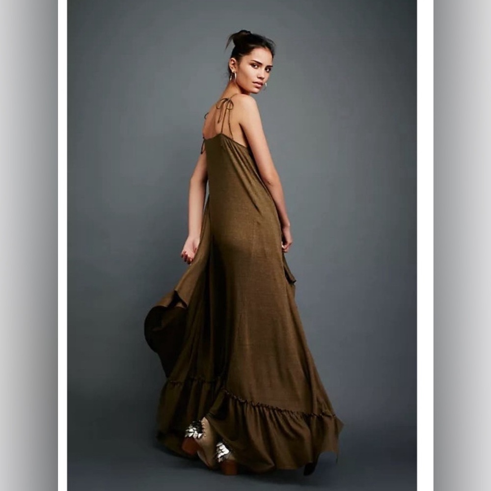 Free People- Beach Olive Green Asymmetric ruffle dress